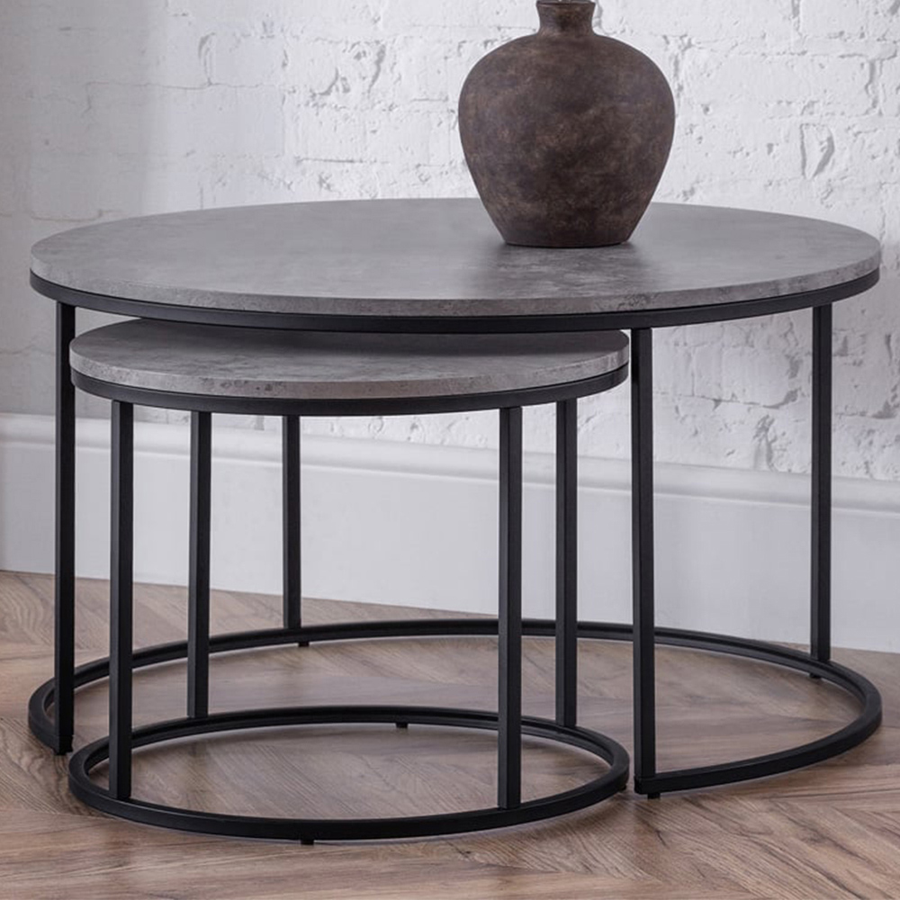 Julian Bowen Staten Concrete Round Nesting Coffee Table Set of 2 - Black Metal Frame - Industrial Style