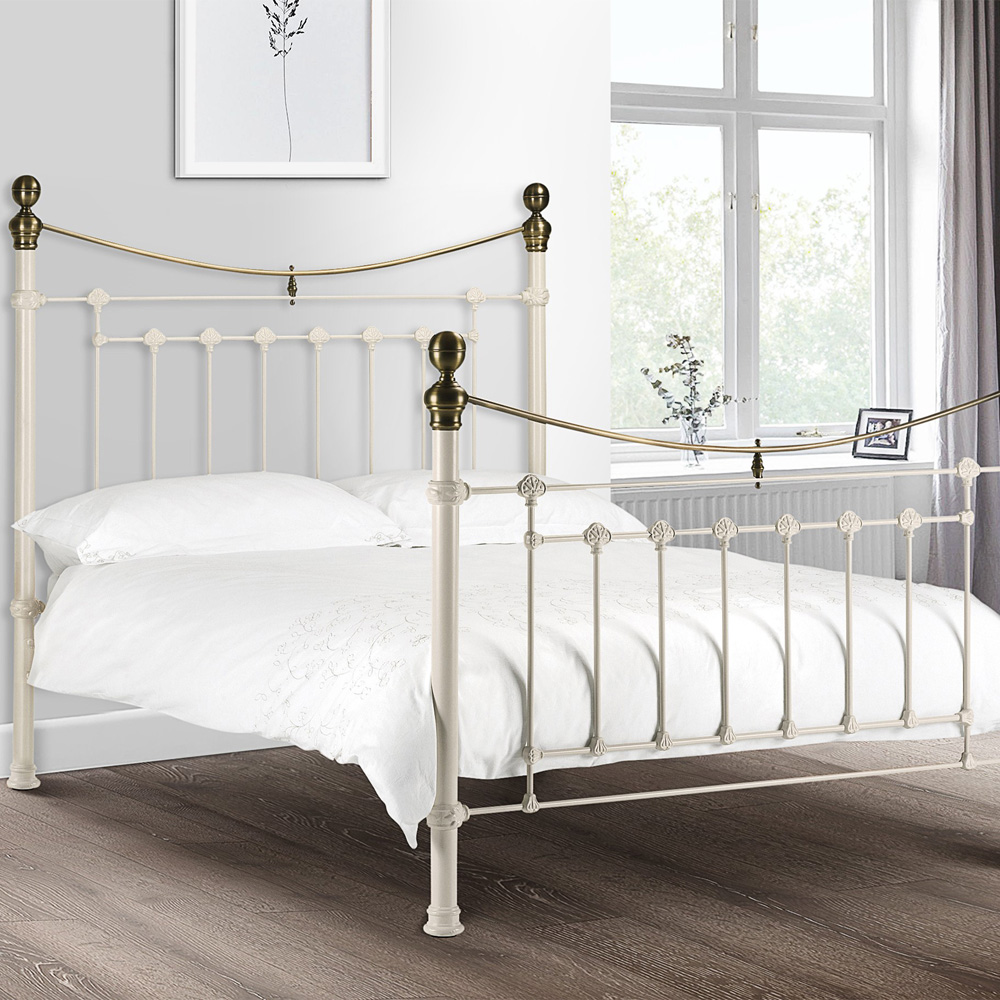 Julian Bowen Victoria Double Bed - Stone White - Steel Frame - Victorian Inspired - Brass Embellishments