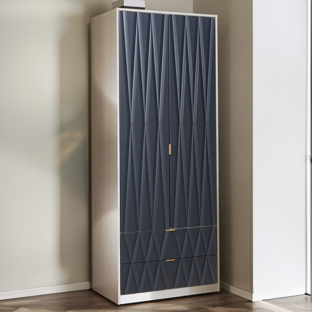 Crowndale Diamond Ready Assembled 2 Door 2 Drawer Matt Indigo and White Tall Double Wardrobe