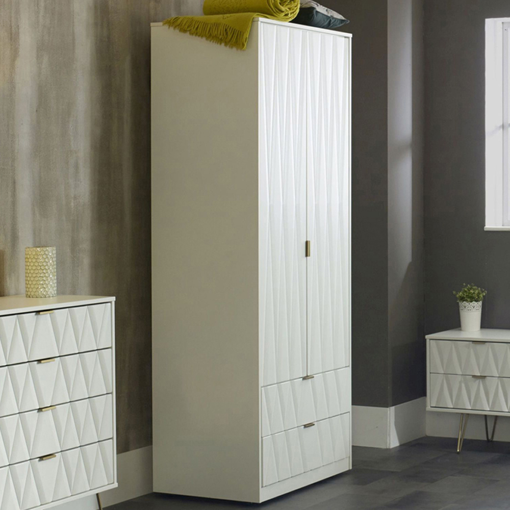 Crowndale Diamond Ready Assembled 2 Door 2 Drawer Matt White Tall Double Wardrobe