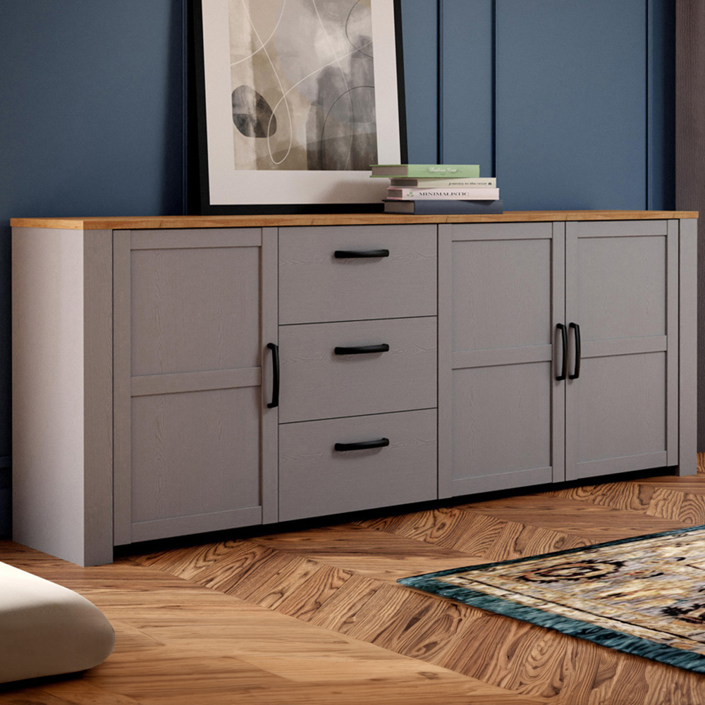Florence Bohol Large Sideboard - 3 Door 3 Drawer - Grey Riviera Oak - Metal Handle