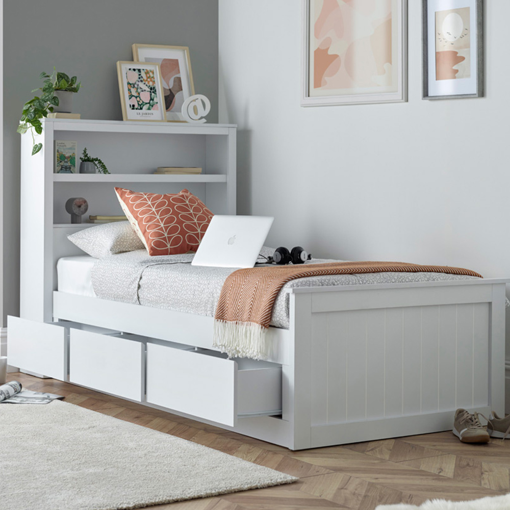 Bedmaster Enzo Single 3 Drawer White Wooden Bed with Memory Foam Mattress