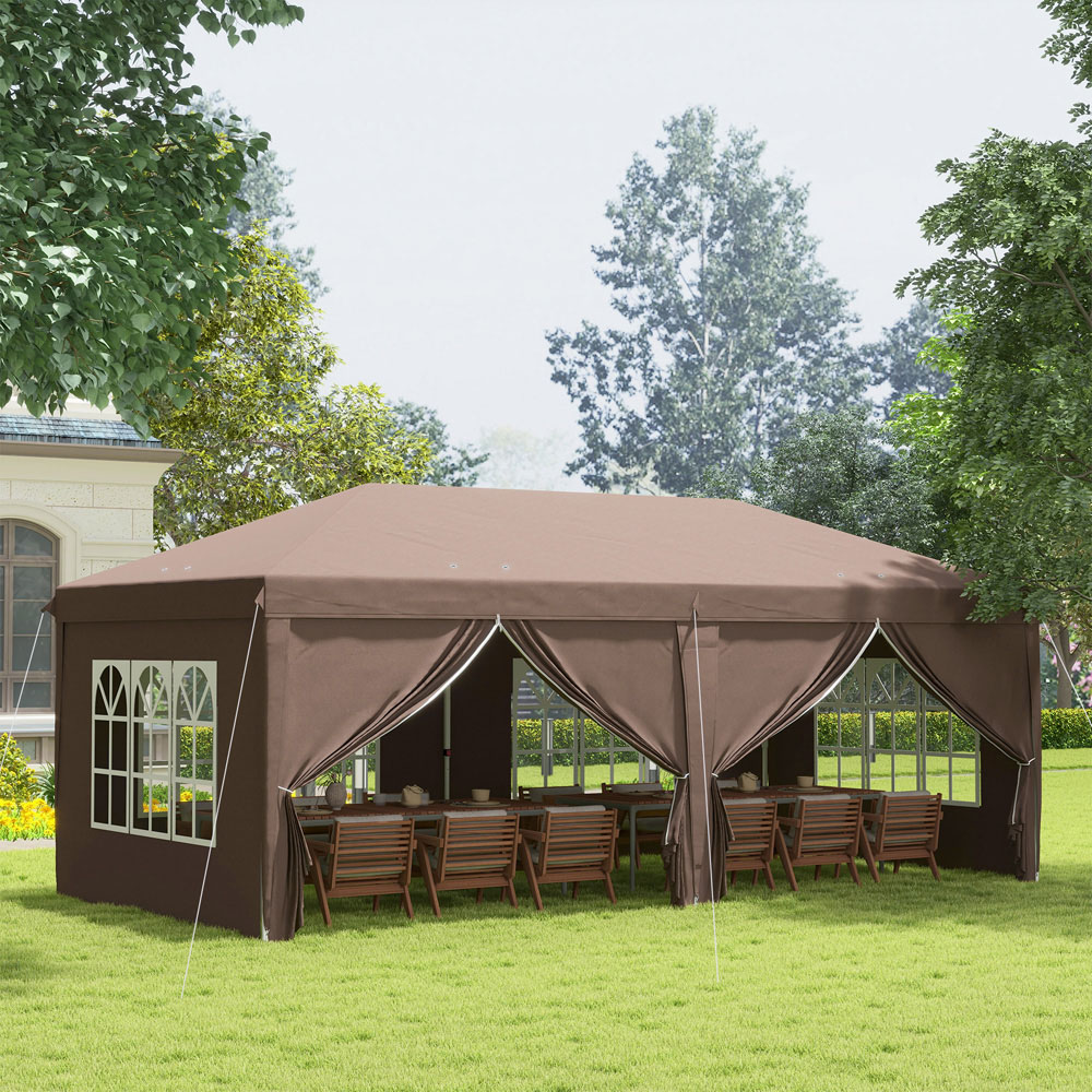 Outsunny 3x4m Pop Up Gazebo Brown with Sides - Steel Frame - Outdoor Canopy Tent