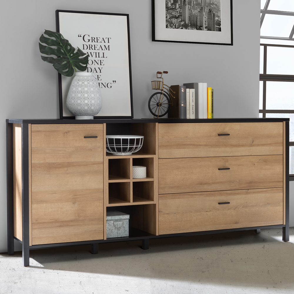 Florence High Rock Single Door 3 Drawer Matt Black and Riviera Oak Large Sideboard