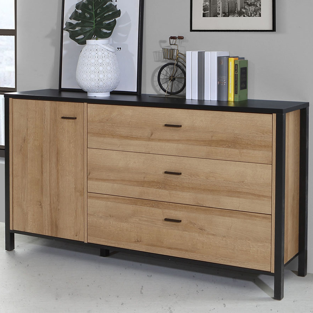 Florence High Rock Single Door 3 Drawer Matt Black and Riviera Oak Sideboard