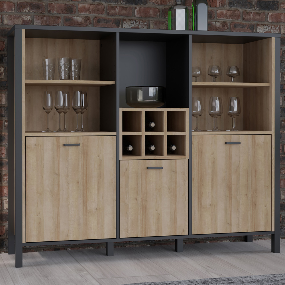 Florence High Rock 3 Door 5 Shelf Matt Black and Riviera Oak Shelf Unit with Wine Rack