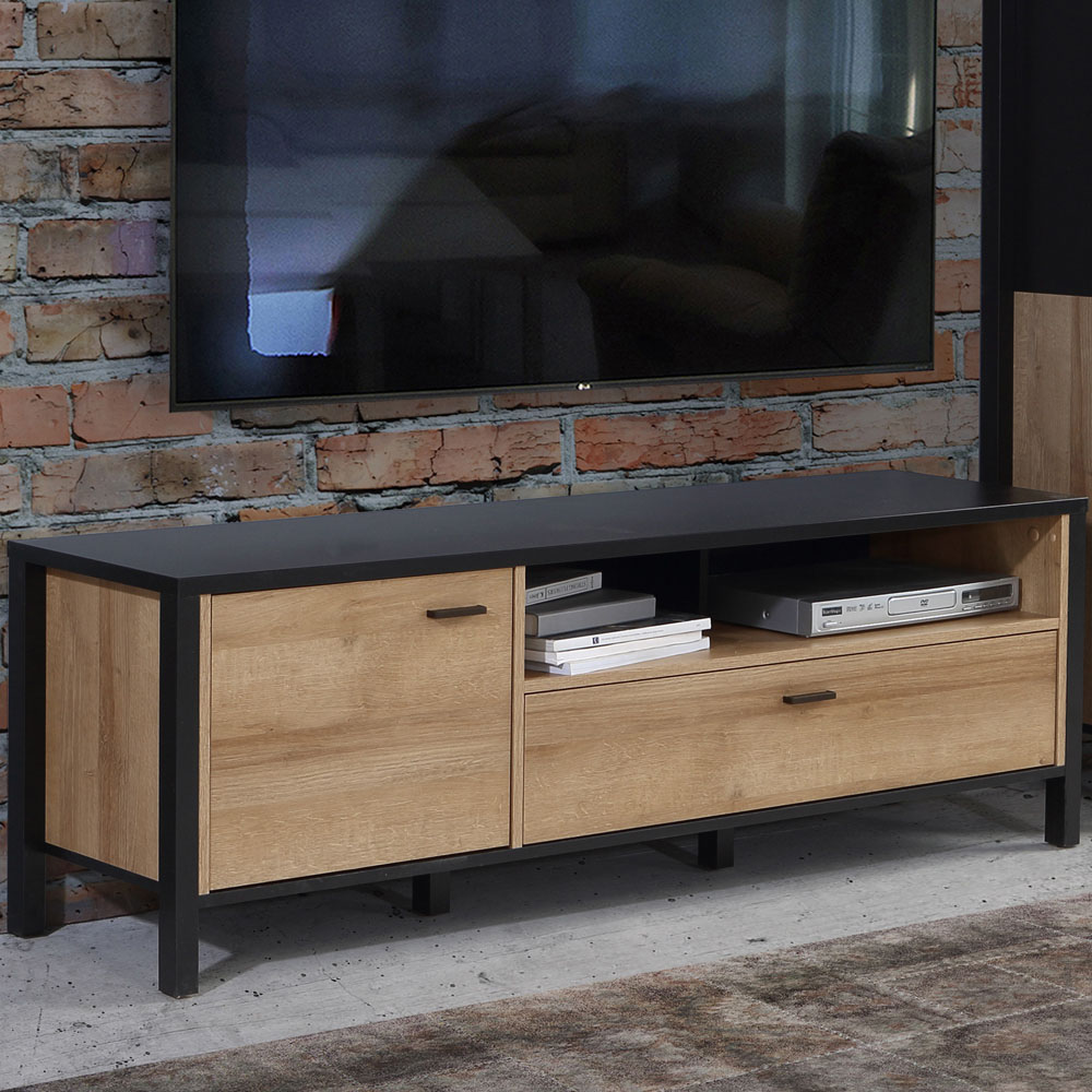 Florence High Rock Single Door Single Drawer Matt Black and Riviera Oak TV Unit