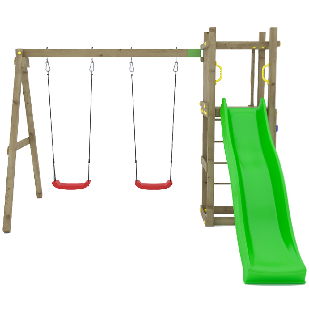Shire Kids Rumble Ridge Rock Wall with Double Swing - Green Timber Play Set for Outdoors
