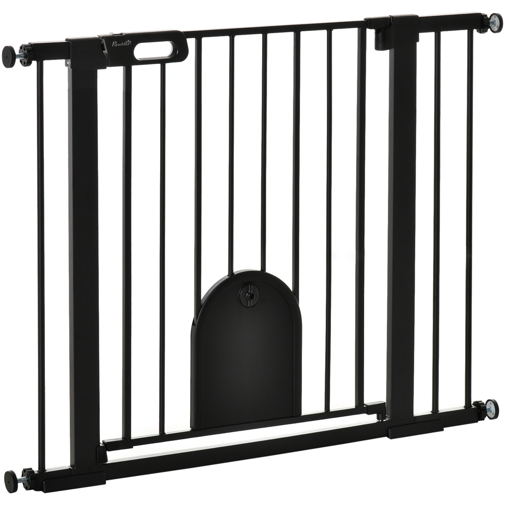 PawHut Black 75-103cm Stair Pressure Fit Pet Safety Gate with Small Cat Flap