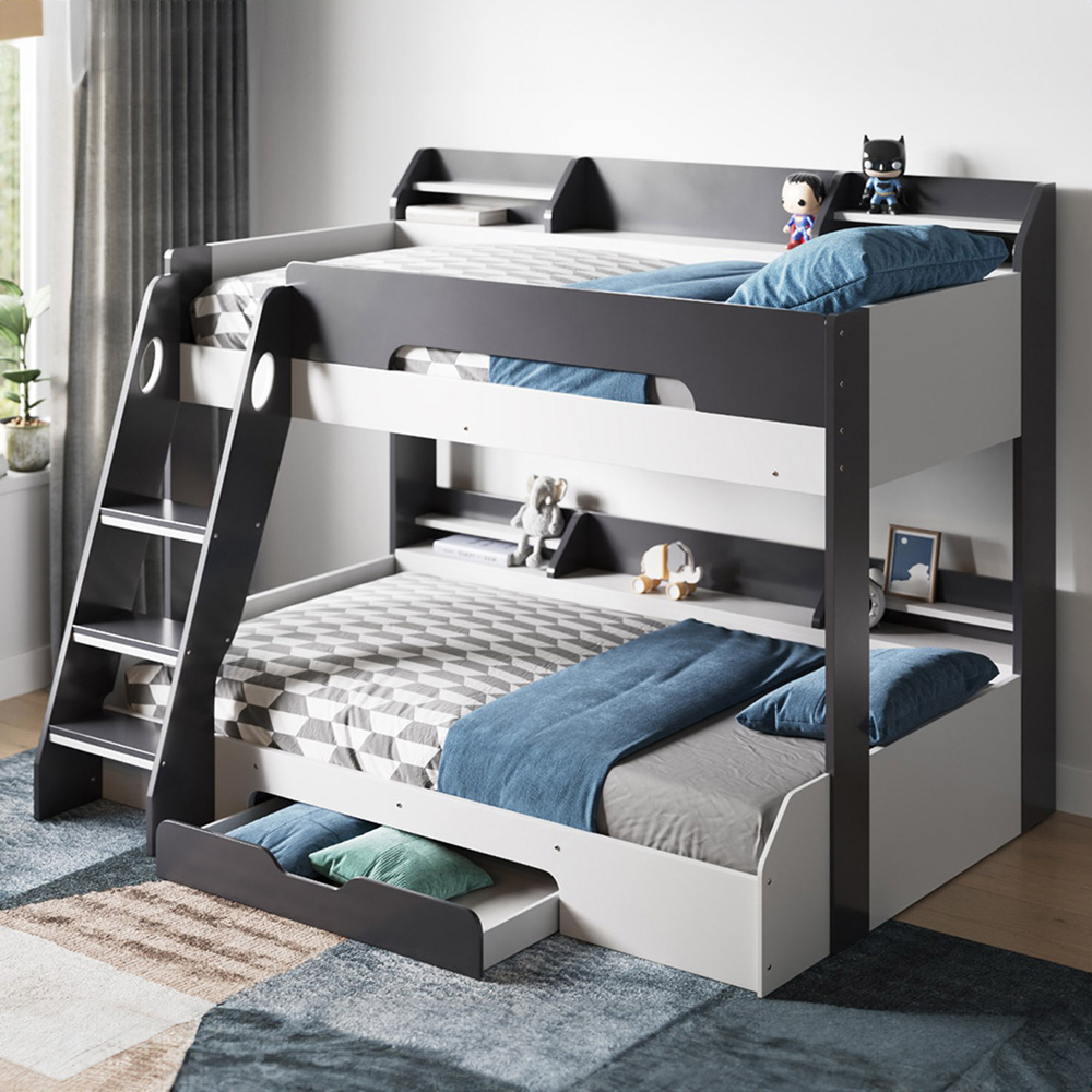 Flair Beds Triple Sleeper Bunk Bed - Grey - Small - Wooden with Drawer & Shelves