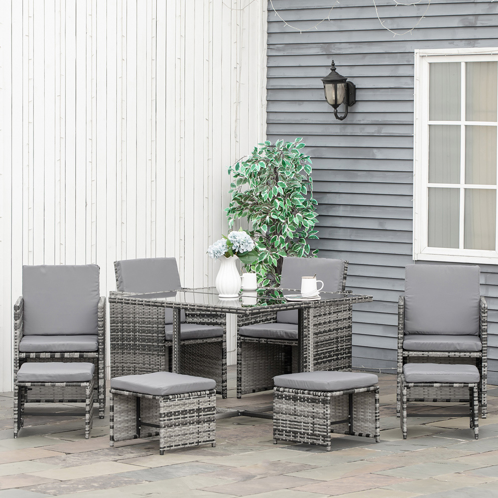 Outsunny 8 Seater PE Rattan Garden Dining Set - Mixed Grey - Metal Frame - Tempered Glass Tabletop