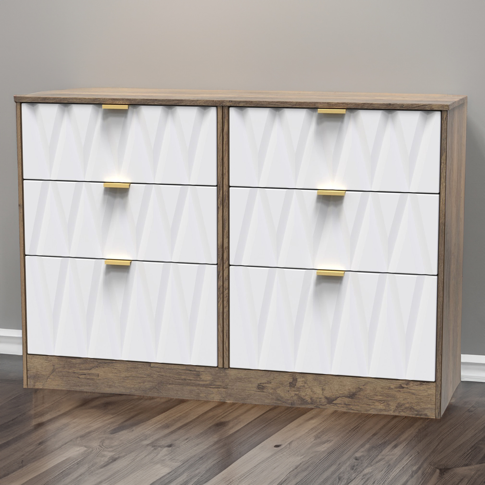 Crowndale Las Vegas 6 Drawer Matt White and Vintage Oak Chest of Drawers Ready Assembled