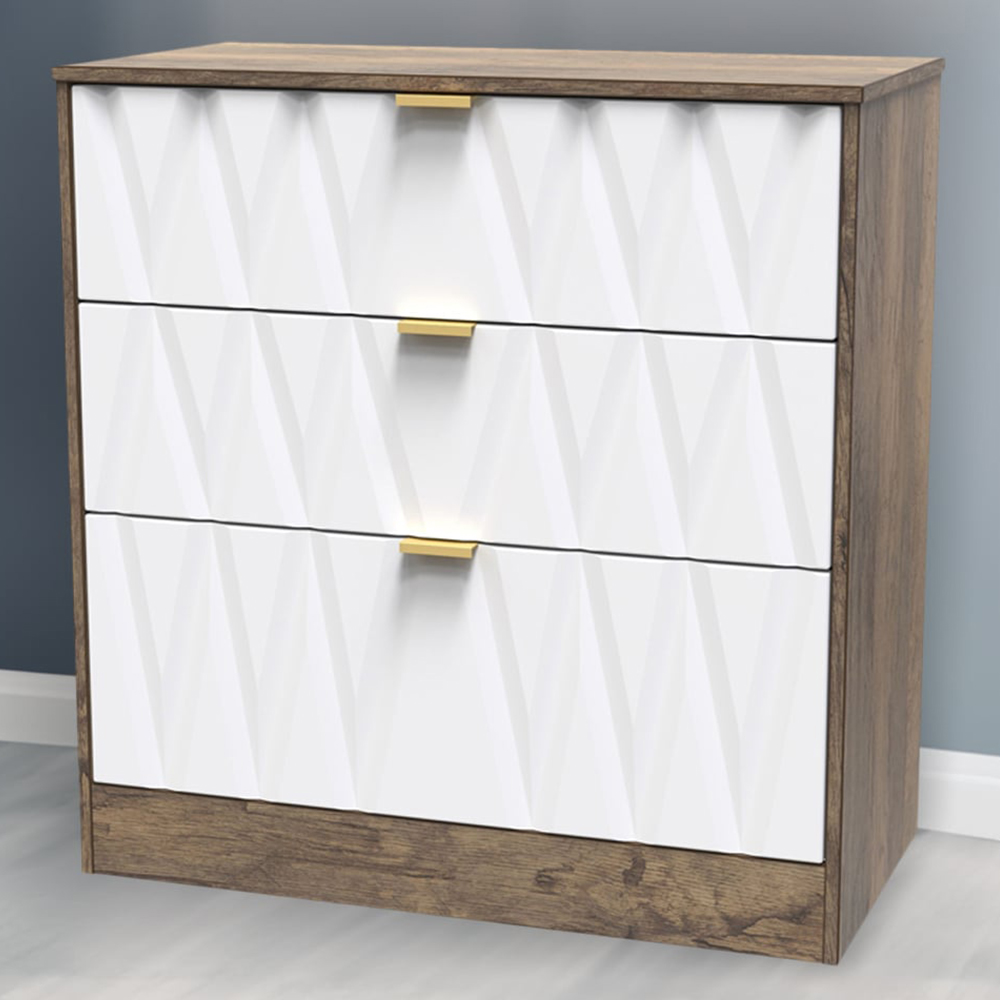 Crowndale Las Vegas 3 Drawer Matt White and Vintage Oak Chest of Drawers Ready Assembled