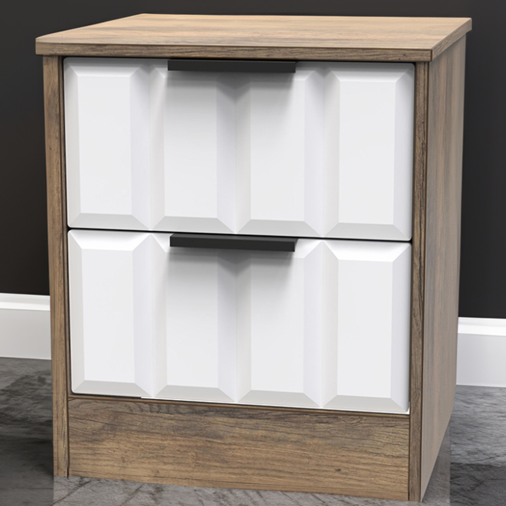 Crowndale New York 2 Drawer White Matt and Vintage Oak Bedside Cabinet Ready Assembled