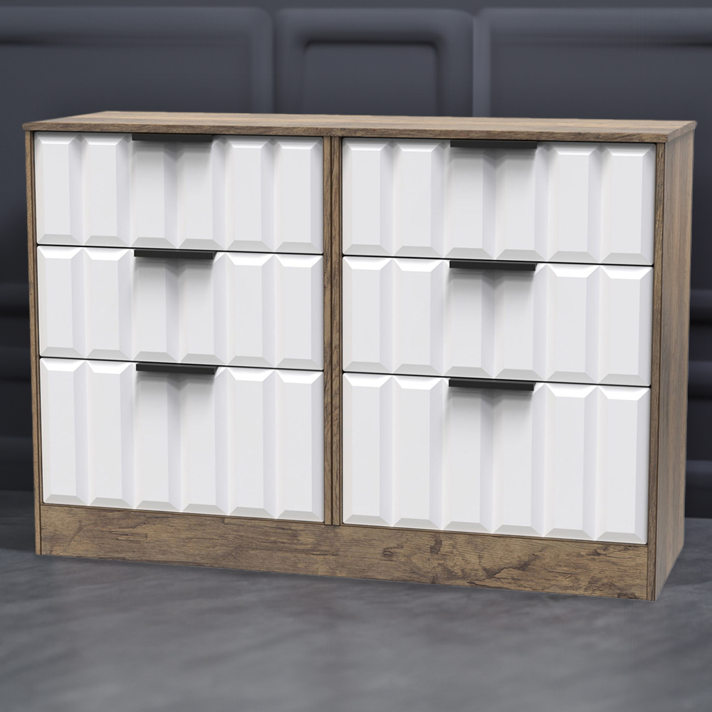 Crowndale New York 6 Drawer White Matt and Vintage Oak Chest of Drawers Ready Assembled