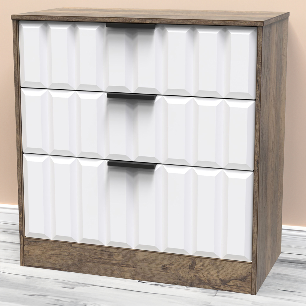 Crowndale New York 3 Drawer White Matt and Vintage Oak Deep Chest of Drawers Ready Assembled