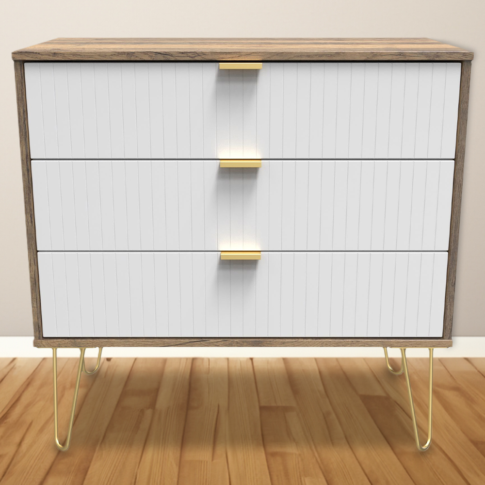 Crowndale 3 Drawer White Matt and Vintage Oak Wide Chest of Drawers Ready Assembled