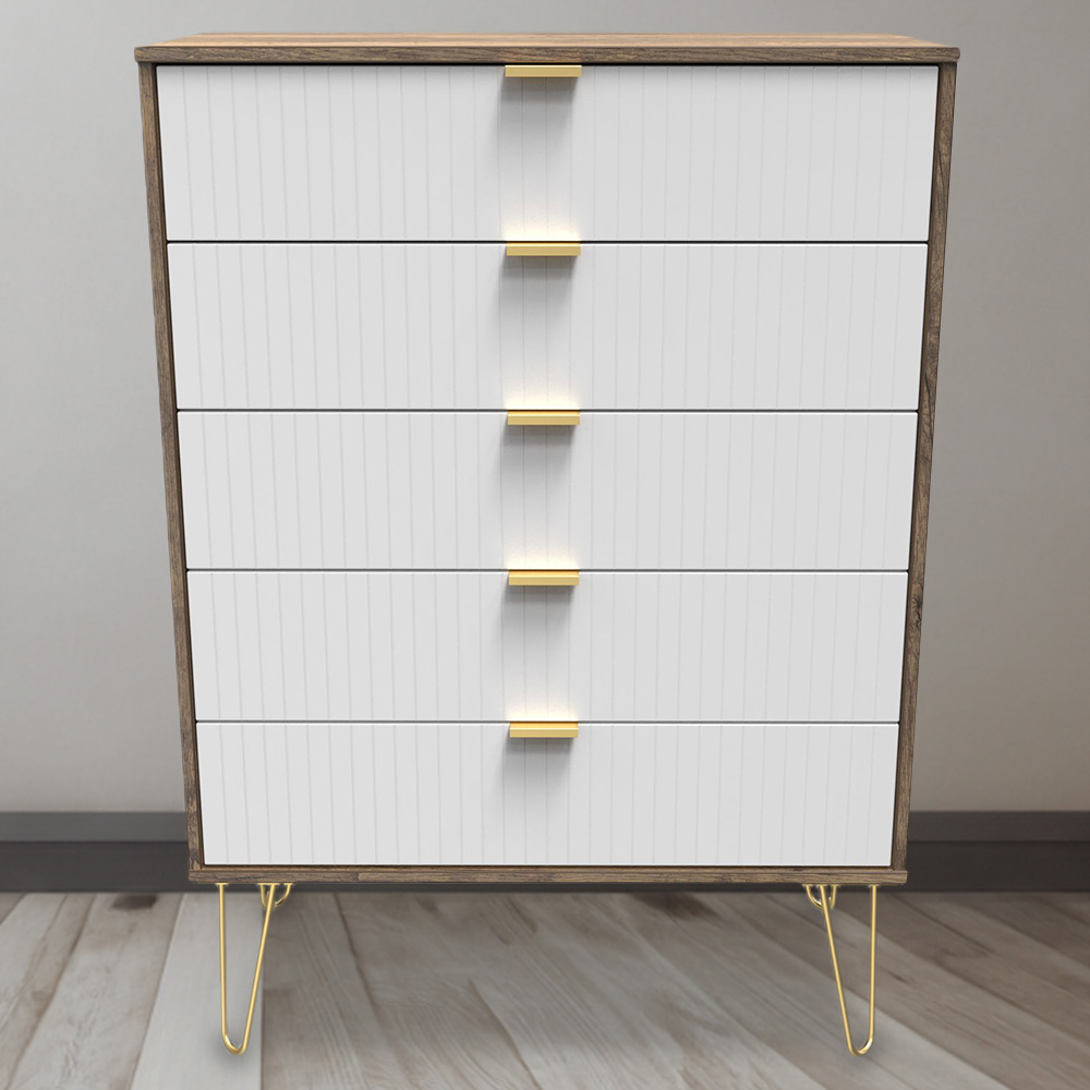 Crowndale 5 Drawer White Matt and Vintage Oak Wide Chest of Drawers Ready Assembled