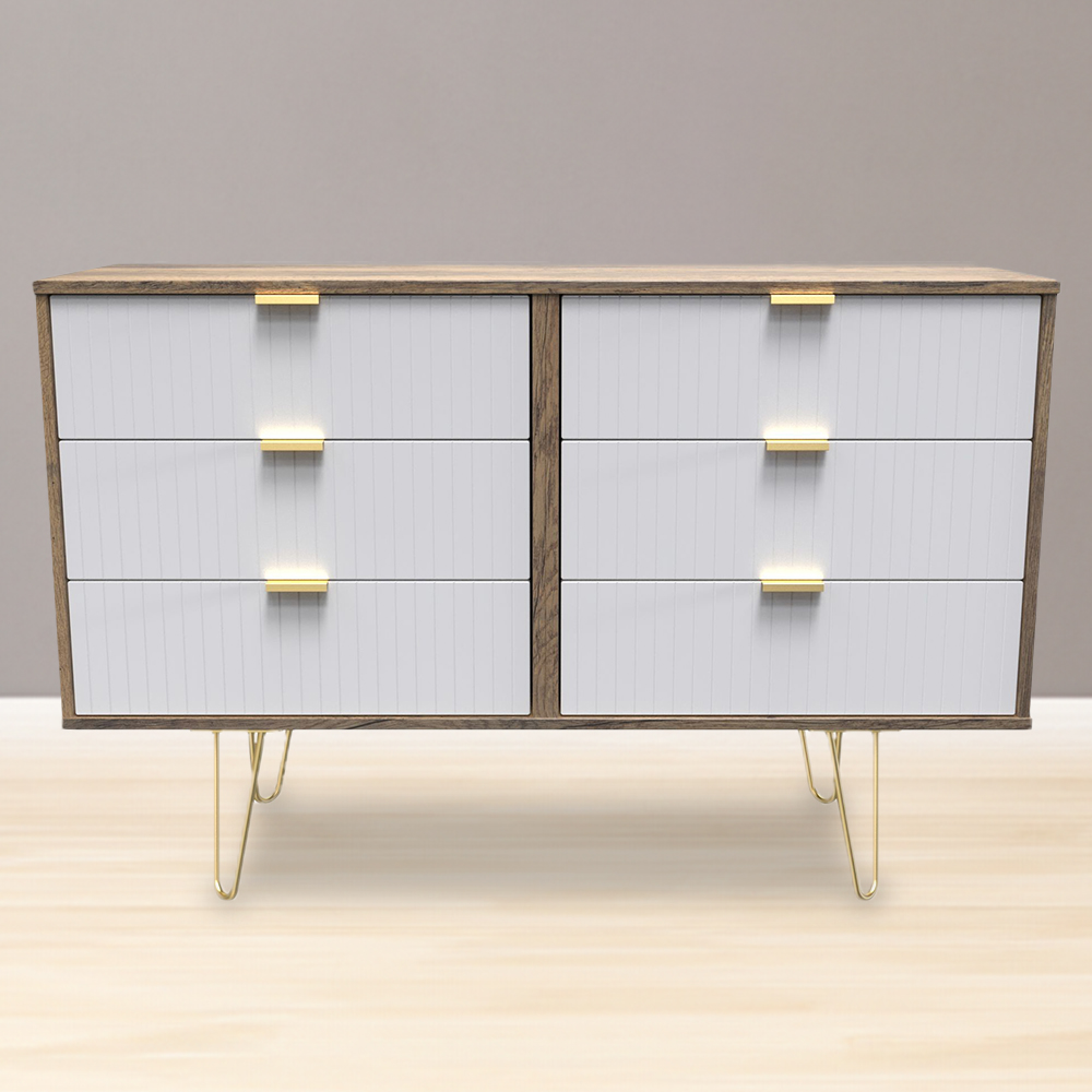 Crowndale 6 Drawer White Matt and Vintage Oak Wide Chest of Drawers Ready Assembled
