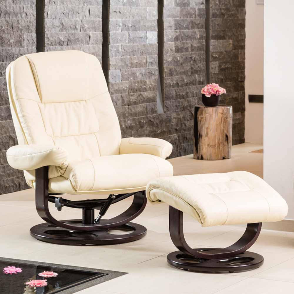 Artemis Home Burdell Cream Leather Swivel Recliner Chair with Footstool - Massage & Heat Function