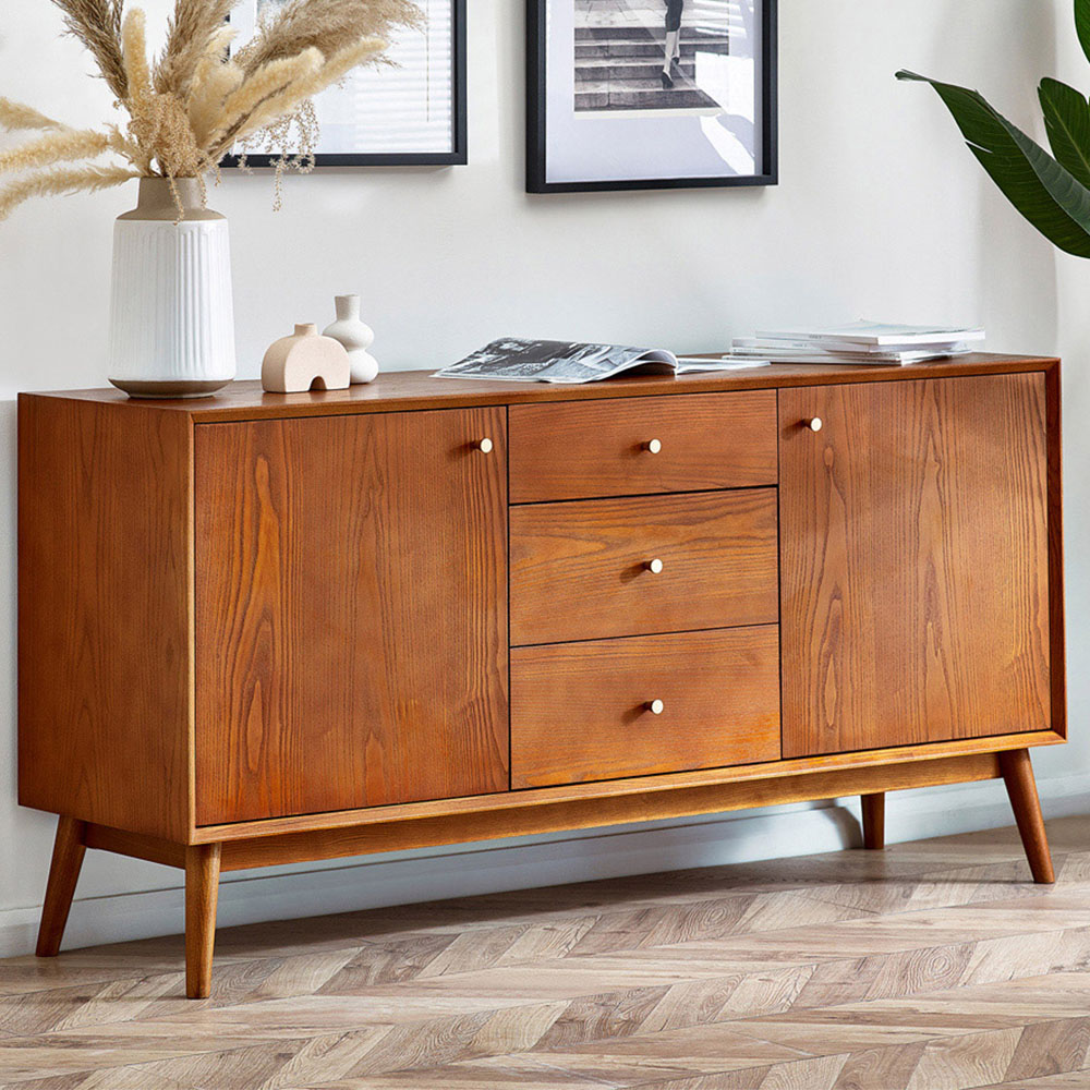 Julian Bowen Lowry Sideboard - 2 Door 3 Drawer - Cherry Ash Wood Veneer - Gold Knobs