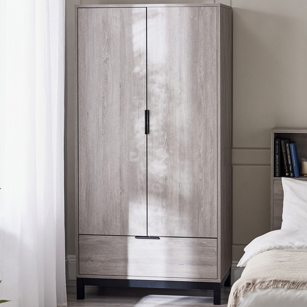 Julian Bowen Bali Grey Oak Single Drawer 2 Door Wardrobe - Oak