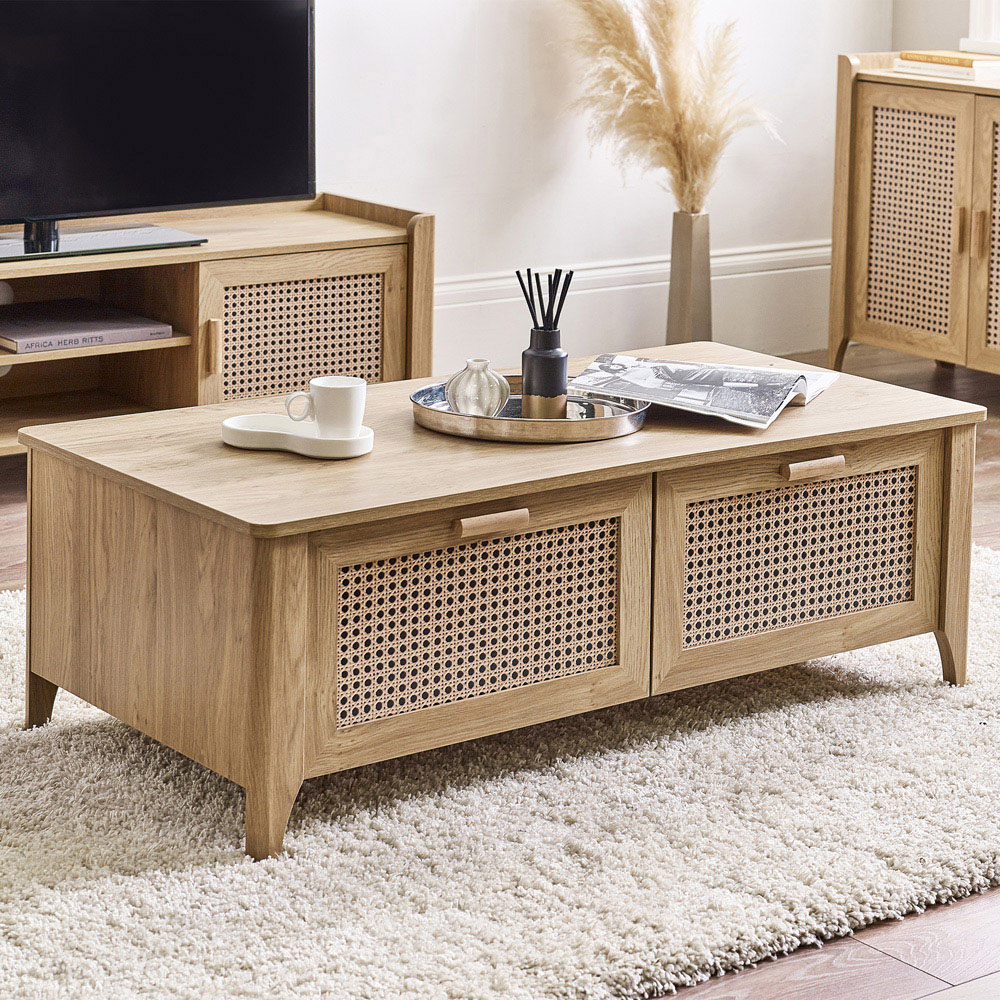 Julian Bowen Sydney 2 Drawer Coffee Table - Rattan Effect - Natural Oak Effect