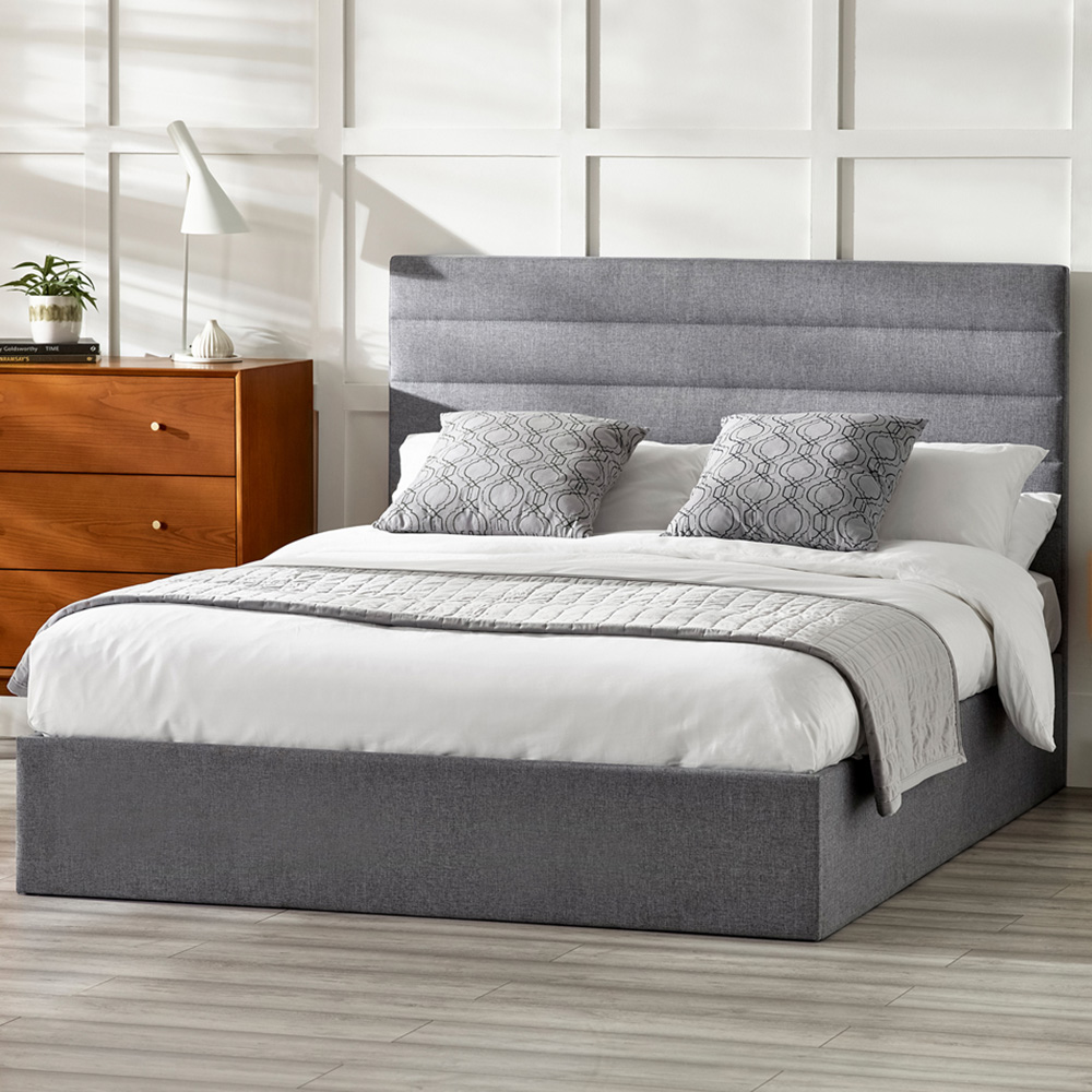 Julian Bowen Merida Double Grey Ottoman Bed - Tufted Headboard - Slatted Base - Linen Material