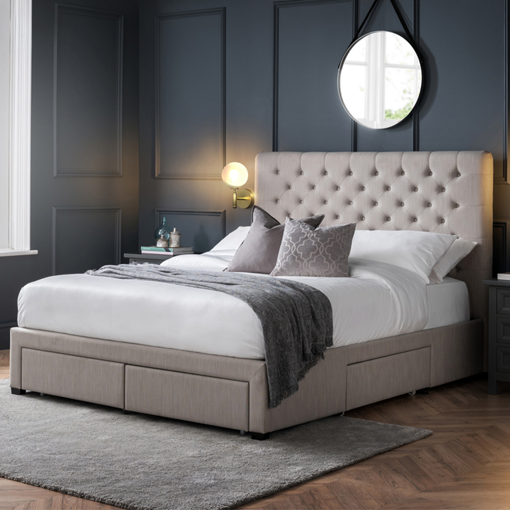 Julian Bowen Wilton Double Grey Linen Bed Frame - Deep Buttoned Headboard - Underbed Drawers