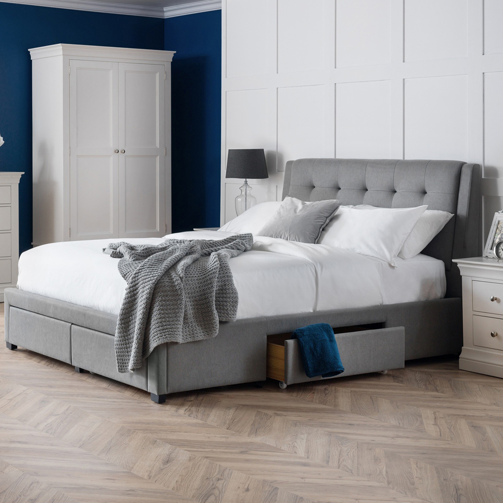 Julian Bowen Fullerton Double Grey Bed with 4 Drawers - Linen Upholstery - Modern Design