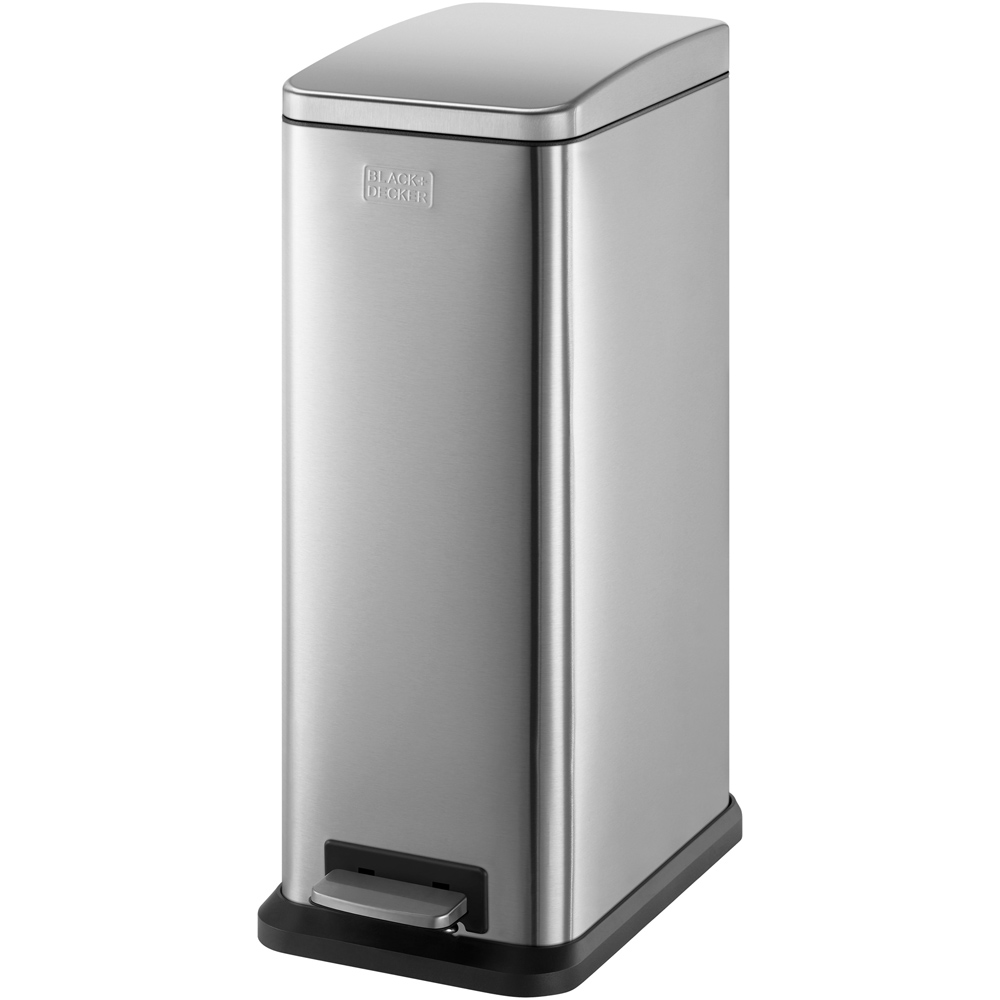 Black + Decker 20L Slimline Pedal Bin - Soft Close Lid - Stainless Steel - Metallic Grey