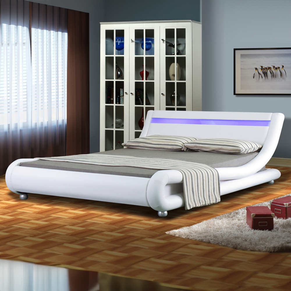 Brooklyn Italian Designer Double Size White Faux Leather Frame With LED