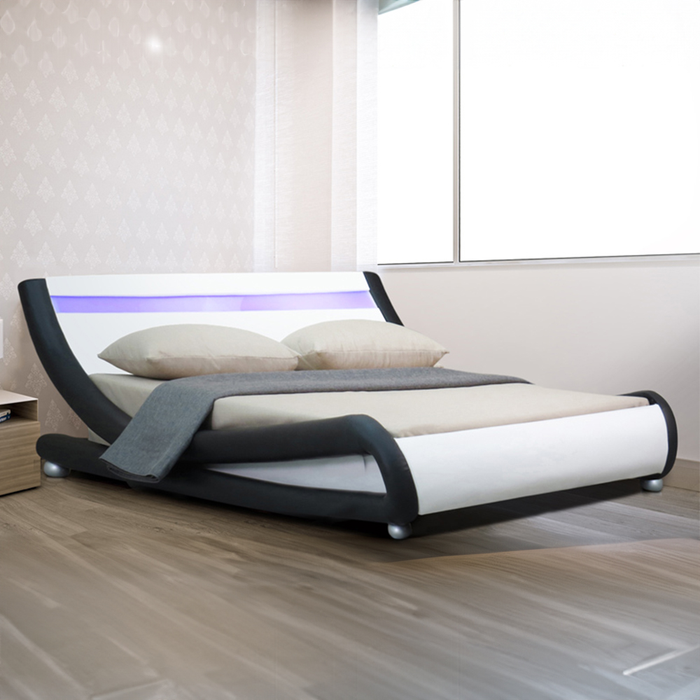 Brooklyn Italian Designer Double Size Black and White Faux Leather Bed Frame with LED