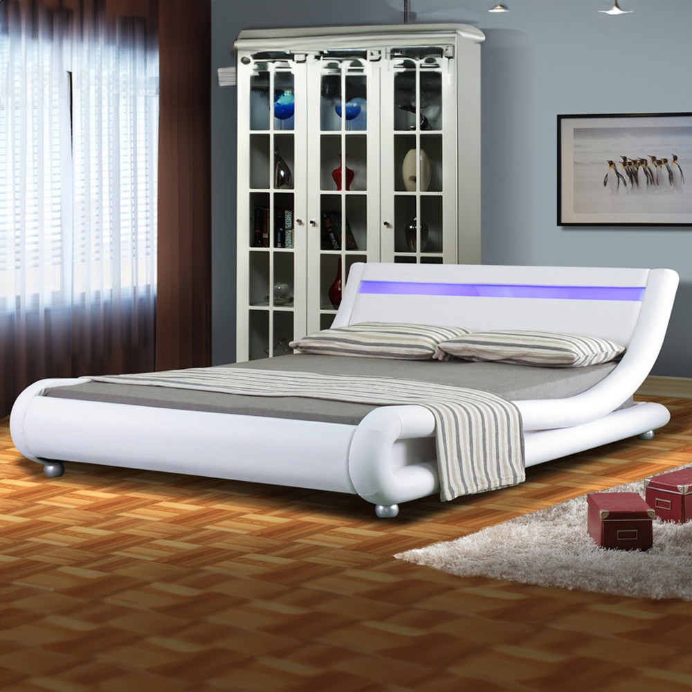 Brooklyn Italian Designer King Size White Faux Leather LED Bed Frame