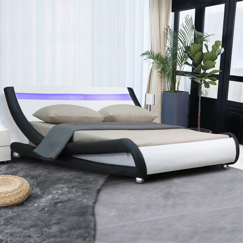 Brooklyn Italian Designer King Size Black and White Faux Leather LED Bed Frame