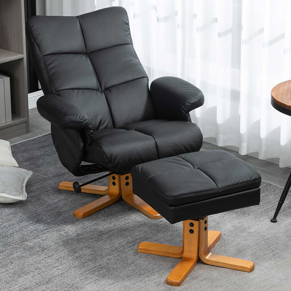 Portland Black Faux Leather Swivel Recliner Chair with Footstool