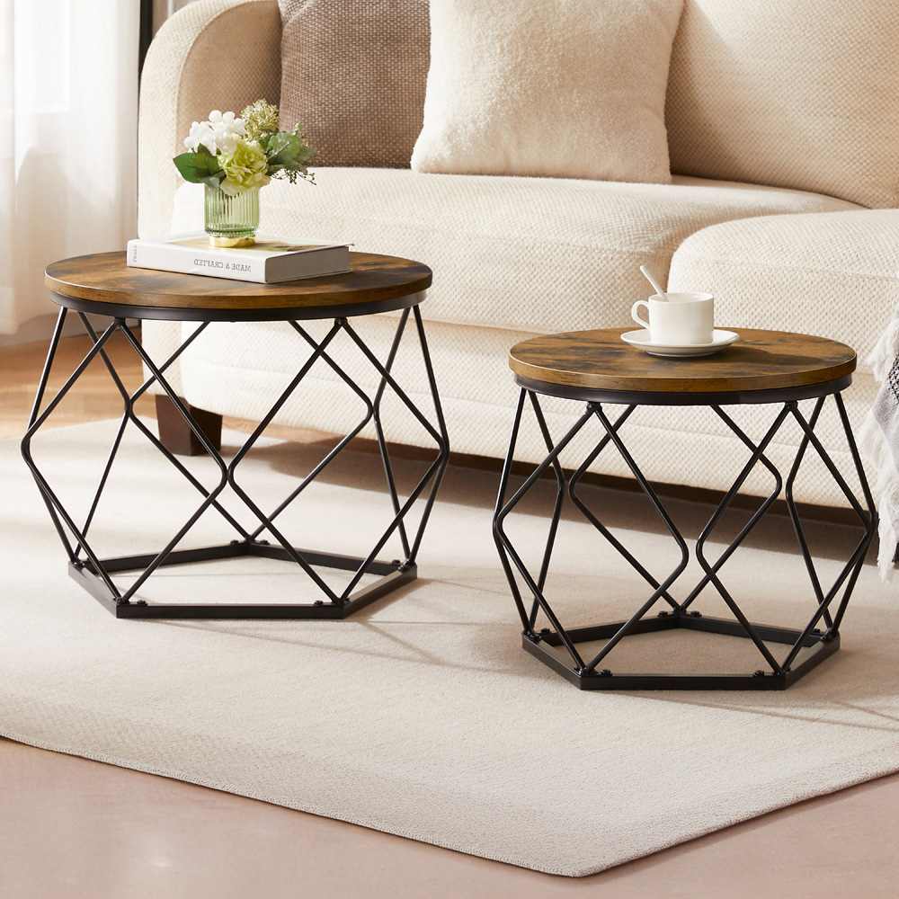 Vida Designs Brooklyn Dark Wood Nest of Tables Set of 2 - Industrial Style - MDF & Iron