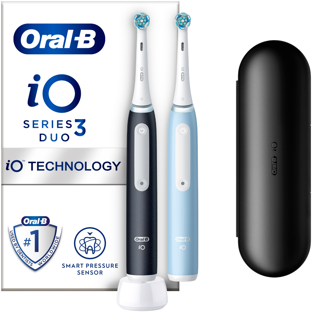Oral-B iO3 Matt Black and Ice Blue Electric Toothbrush Duo with Case