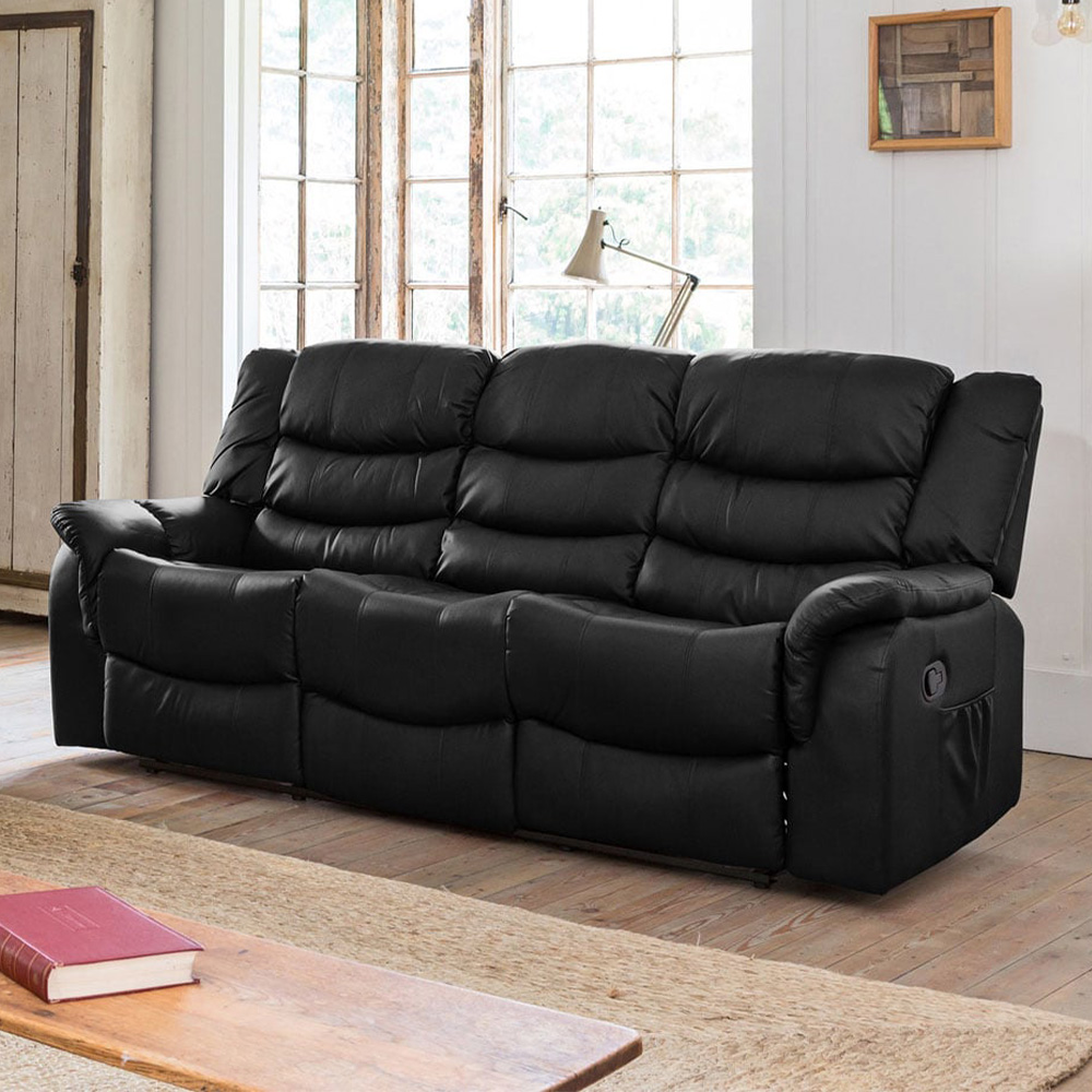 Artemis Home 3 Seater Recliner Sofa - Black Bonded Leather - Manual Recline