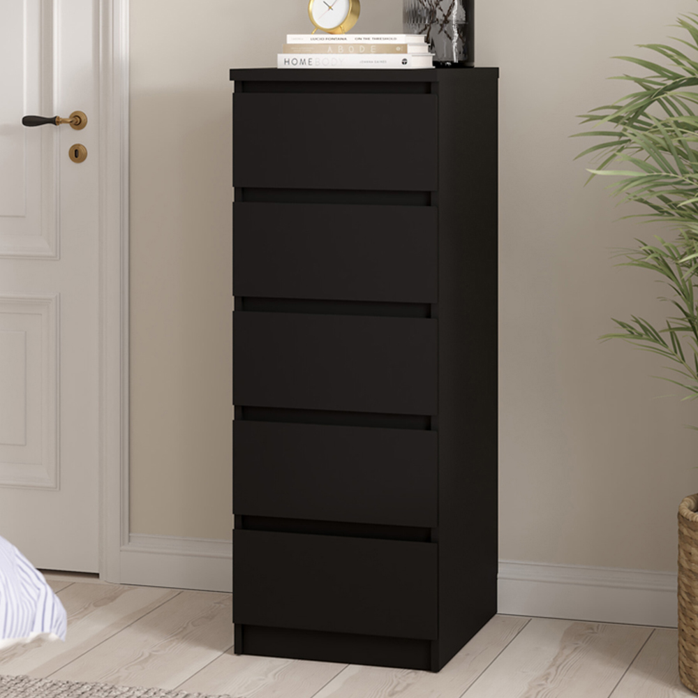 Florence 5 Drawer Matt Black Narrow Chest of Drawers