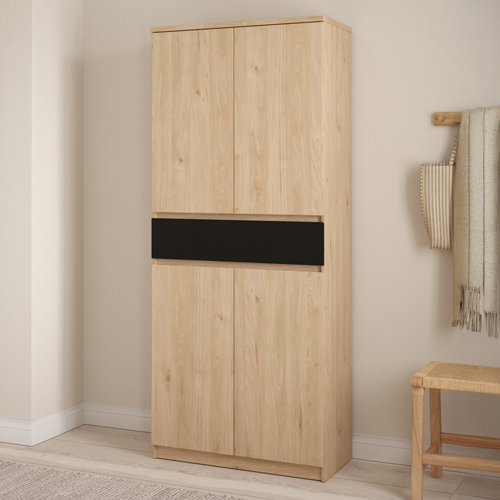 Florence 4 Door Single Drawer Jackson Hickory Oak and Black Shoe Cabinet