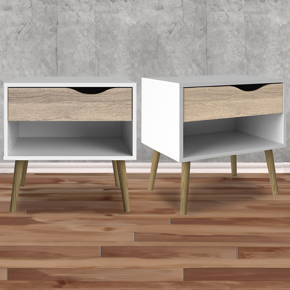 Florence Single Drawer White and Oak Bedside Table Set of 2