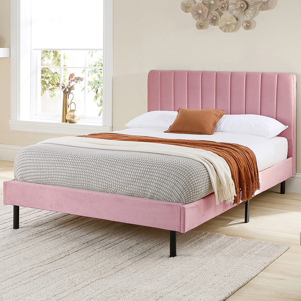 Aspire Furniture Rosella Single Pink Plush Velvet Bed Frame - Modern Upholstered Design - Solid Wood & Steel Frame - Foam Padded Headboard