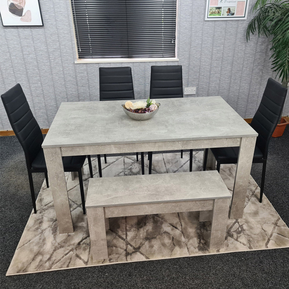Kosy Koala 6 Seater Glass and Faux Leather Dining Bench Set Stone Grey Effect and Black