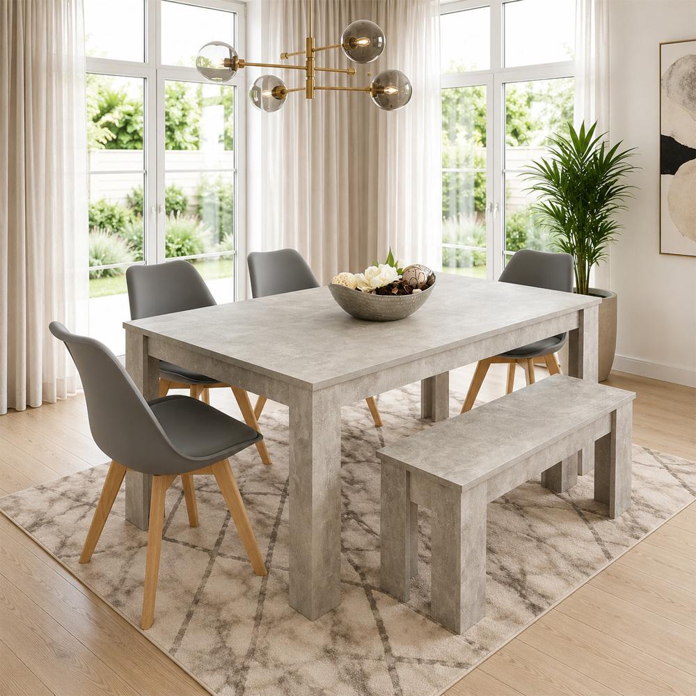 Kosy Koala 6 Seater Plastic and Faux Leather Dining Bench Set Stone Grey Effect and Grey