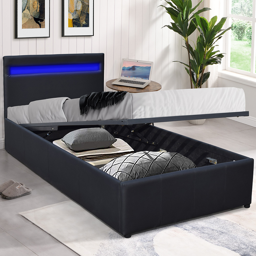 Comfy Living Small Black Faux Leather Ottoman Bed Frame with LED
