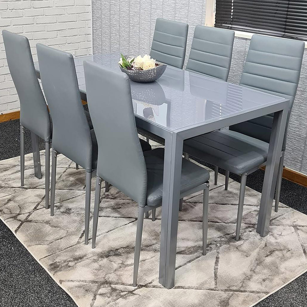 Kosy Koala 6 Seater Glass and Faux Leather Rectangular Dining Set Grey