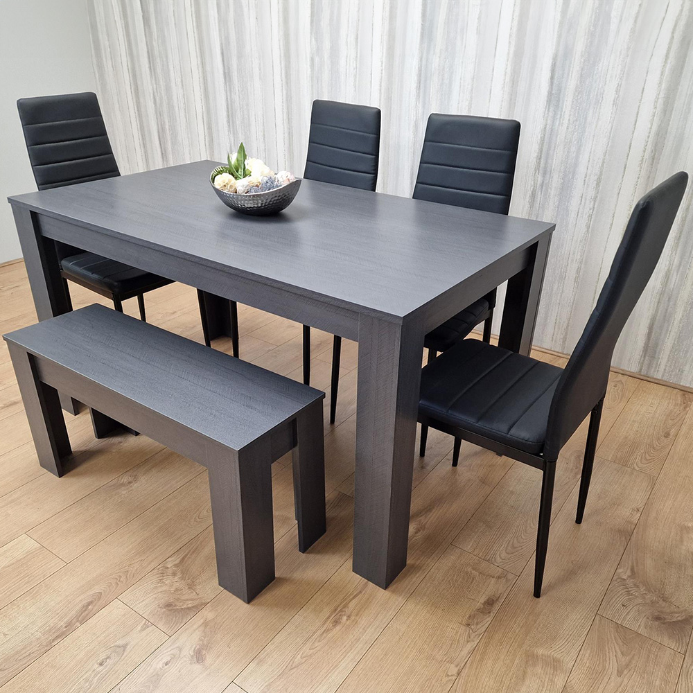 Portland Black Seater Leather Dining Set Dark Grey And Size 6