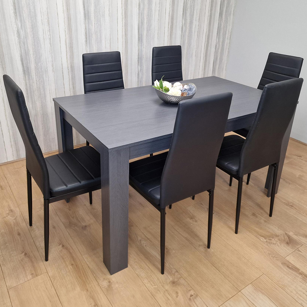 Portland Black Seater Leather Dining Set Dark Grey And Size 6