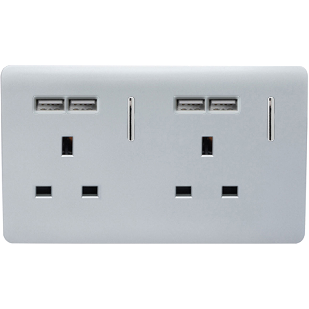 Trendi Switch 2 Gang 13amp 4 Port USB Plug Socket - Platinum Silver